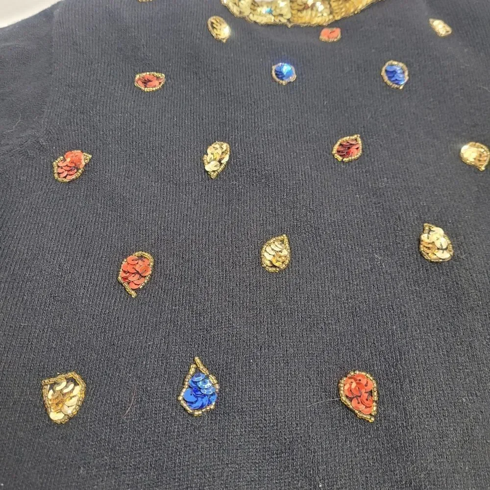 VINTAGE 80s cardigan black‎ sequined embellished wool angora sweater M